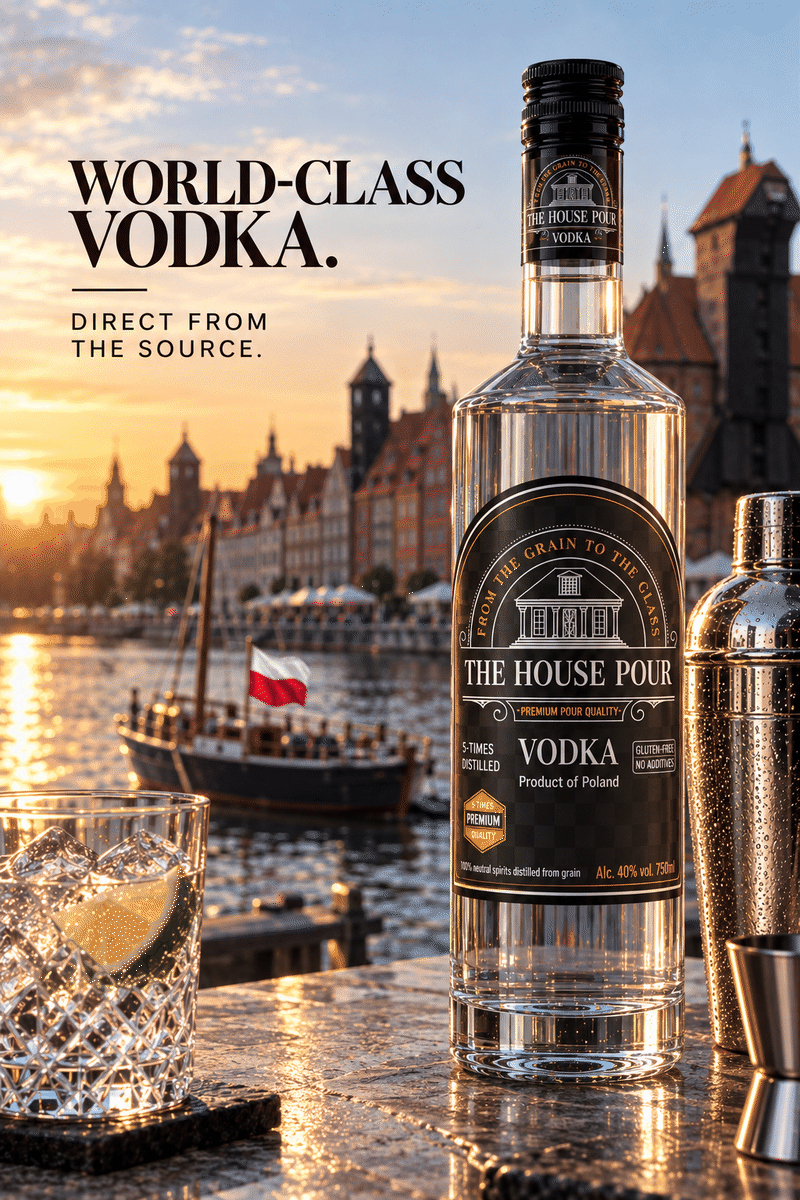 House Pour Vodka bottle and cocktail overlooking the Gdańsk waterfront