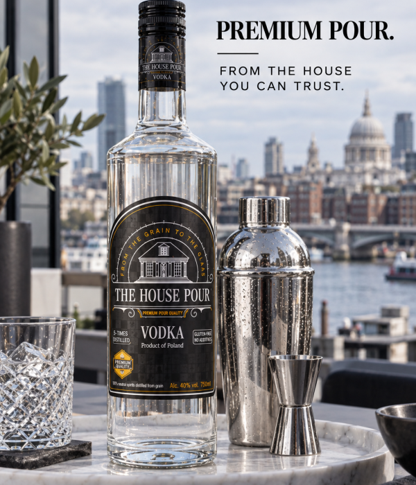 House Pour Vodka bottle with St Paul’s Cathedral in London, UK
